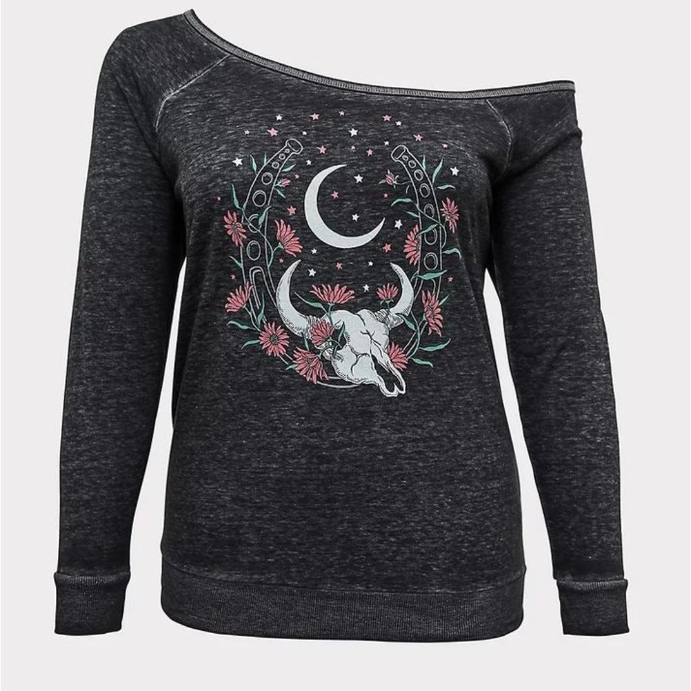 torrid Charcoal Off-Shoulder Sweatshirt with Floral Crescent Skull Graphic